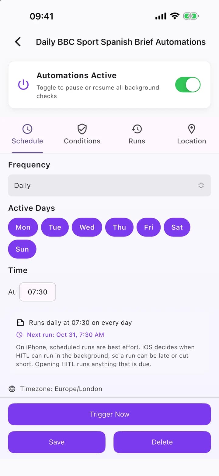 The daily schedule, set for 07:30