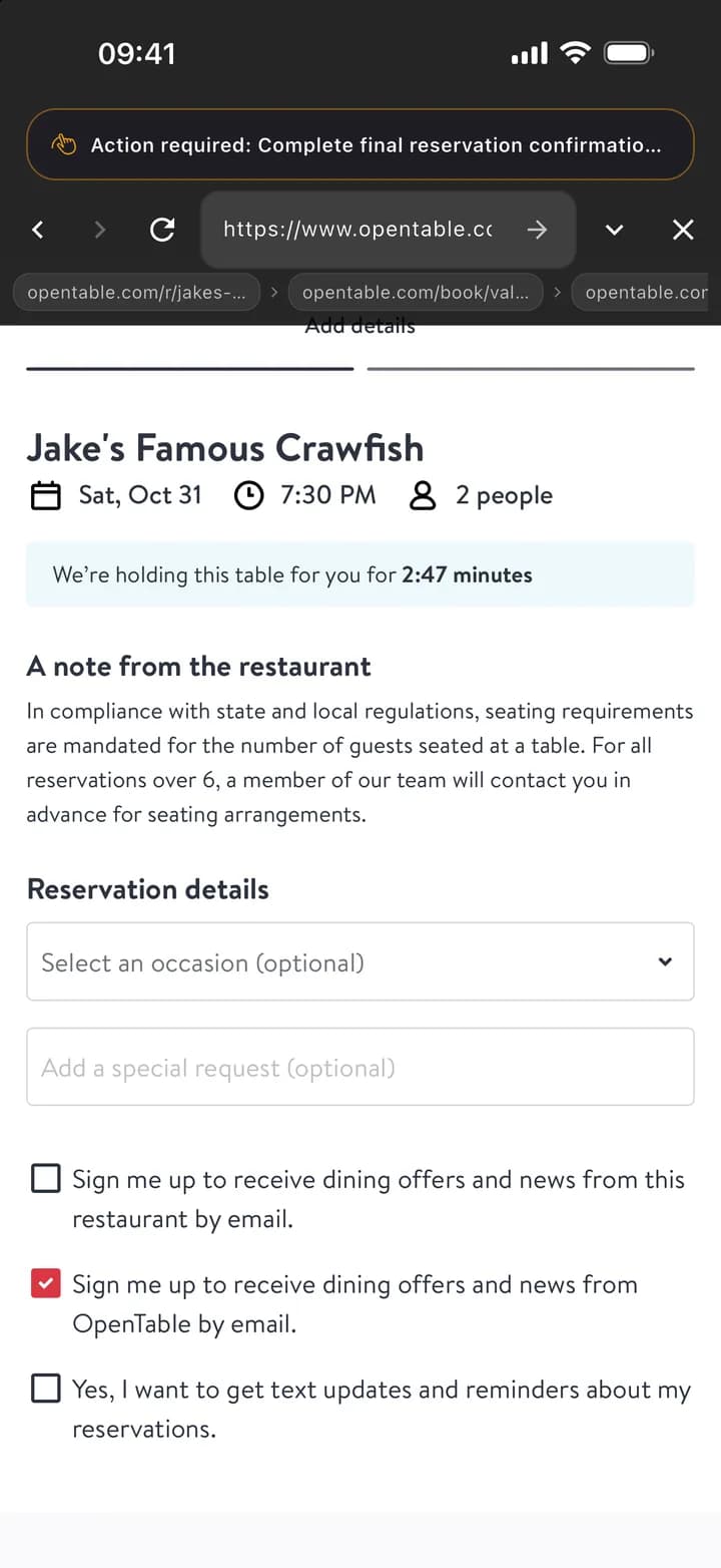 The booking site on the final step, table held