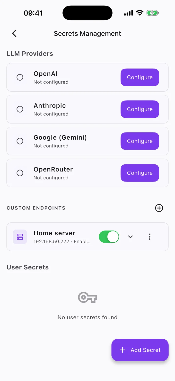 Any model: built-in, major providers, or your own server